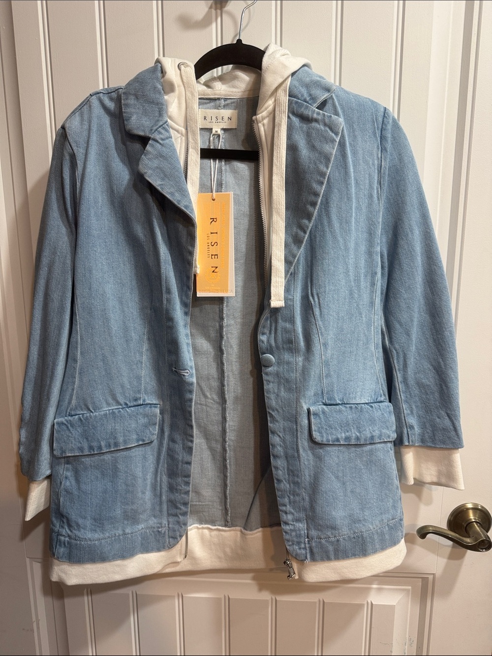 Light Blue Denim Blazer with Hoodie Layer by Risen
